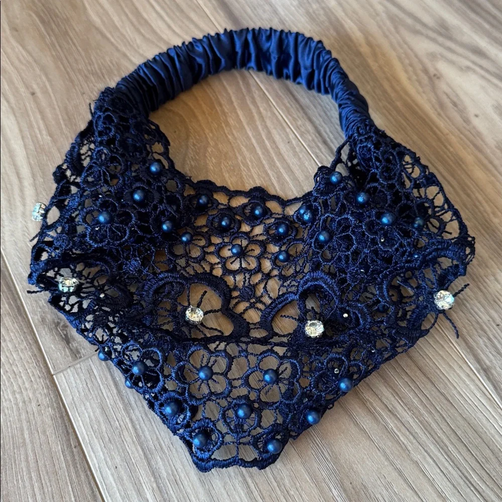 Elegant Navy Blue Beaded Lace Headband